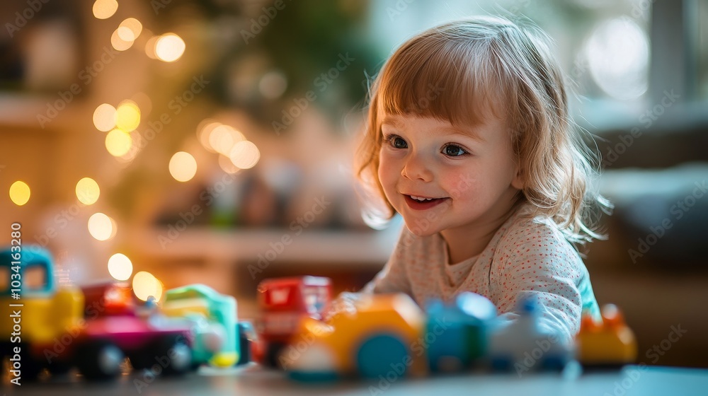 A young child smiles brightly while playing with a variety of toy cars A young child smiles brightly while playing with a variety of toy cars