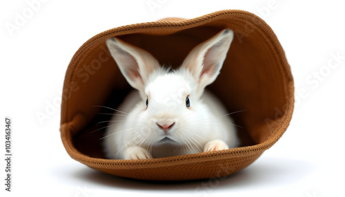 White rabbit in a hat isolated with white highlights, png photo