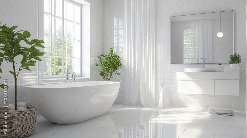 A bright, airy bathroom with a large mirror, polished white tiles, and chic, minimalist accents. A bright, airy bathroom with a large mirror, polished white tiles, and chic, minimalist accents.