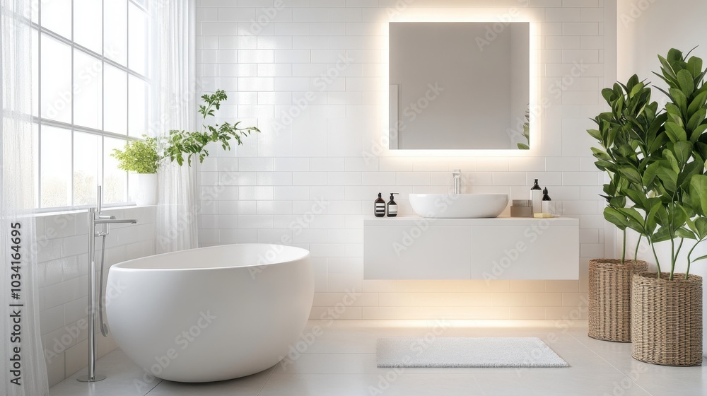A bright, minimalist bathroom with white tiles, a modern vanity, and soft lighting. A bright, minimalist bathroom with white tiles, a modern vanity, and soft lighting.