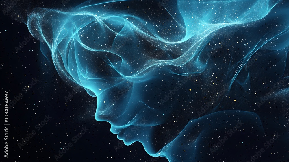 Abstract digital art of a woman's face, made of blue smoke and light particles, against a black background with sparkles. Abstract digital art of a woman's face, made of blue smoke and light particles, against a black background with sparkles.