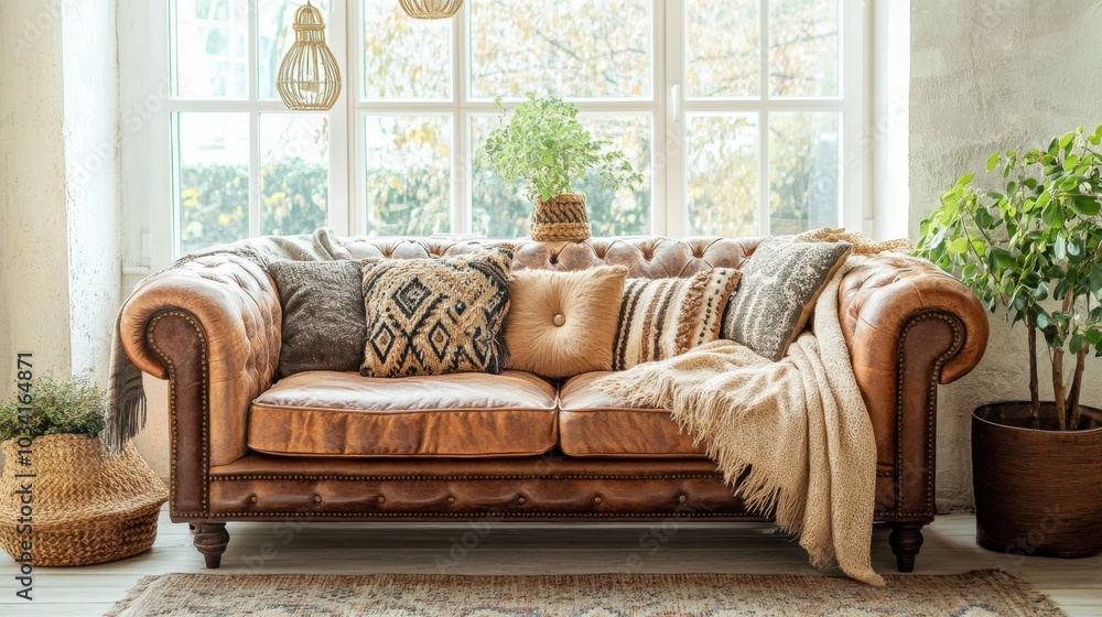 Fototapeta premium Comfortable brown leather sofa, adorned with boho pillows and throw blankets, sitting in front of a bright window in a cozy space