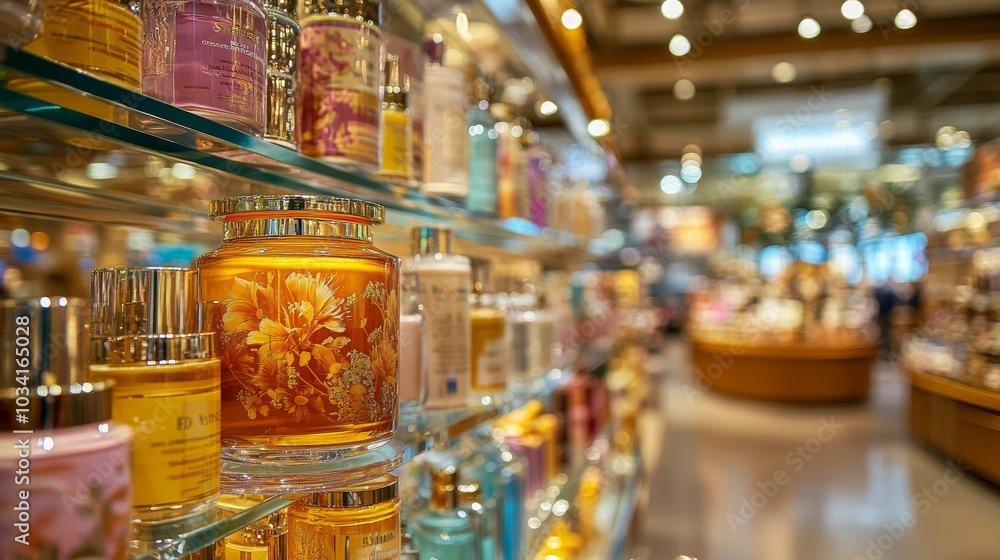 Scented Candles and Beauty Products Displayed on Shelves in a Shop Scented Candles and Beauty Products Displayed on Shelves in a Shop