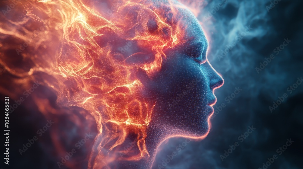 A woman with fiery hair silhouette against a vibrant blue background A woman with fiery hair silhouette against a vibrant blue background
