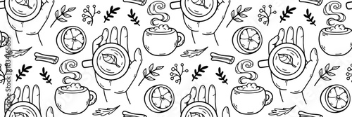 Autumn pattern tea in hands. Cozy tea ceremony outline background. Hot drink, Lemon, leaves, cinnamon. For wallpaper or fabric, packaging, brand, teahouse, coffee shop. Vector doodle illustration.