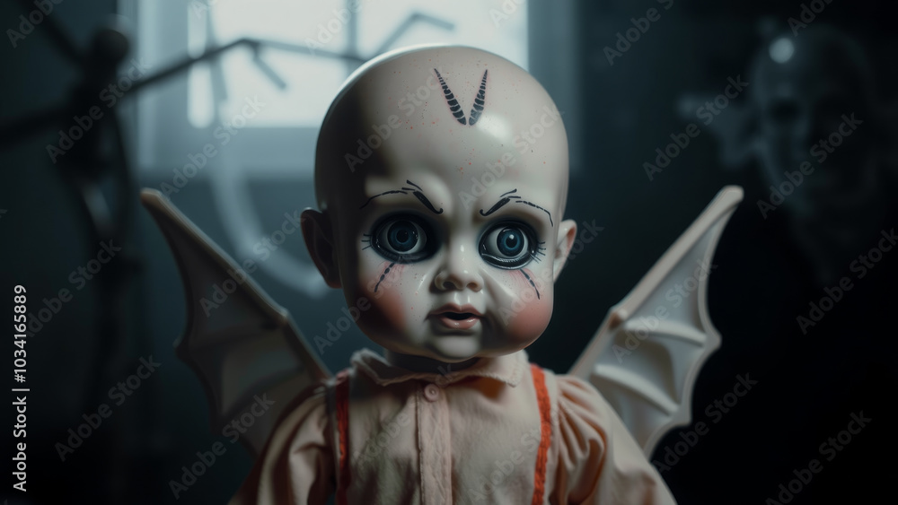 Creepy bisque doll with wings in ominous room - halloween concept for posters Creepy bisque doll with wings in ominous room - halloween concept for posters