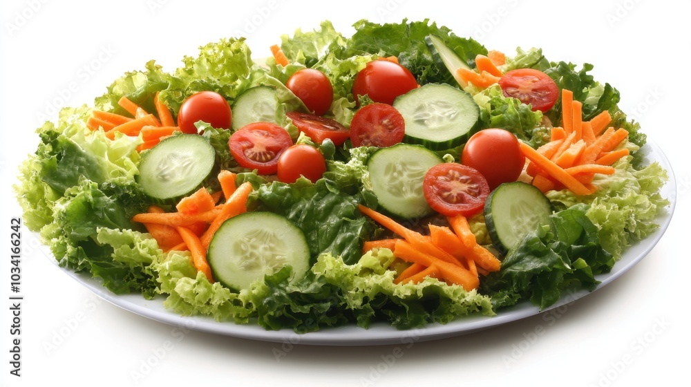 Crisp garden salad filled with fresh mixed greens, cherry tomatoes, cucumbers, and carrots, presented on a clean white plate Crisp garden salad filled with fresh mixed greens, cherry tomatoes, cucumbers, and carrots, presented on a clean white plate
