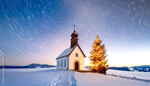 Wallpaper Mural Kirche mit geschmückten Tannenbaum zur blauen Stunde Torontodigital.ca