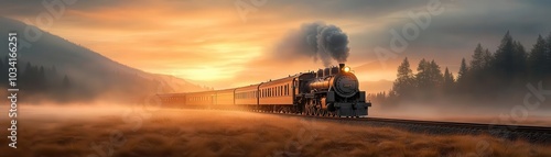 Vintage steam train traveling through misty landscape at sunset. photo