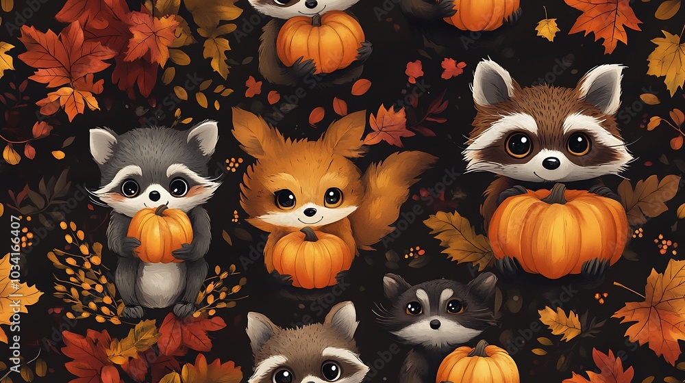 A seamless pattern of cute woodland animals like foxes, raccoons, and owls holding tiny pumpkins, surrounded by colorful autumn leaves, warm soft lighting and cozy fall atmosphere, A seamless pattern of cute woodland animals like foxes, raccoons, and owls holding tiny pumpkins, surrounded by colorful autumn leaves, warm soft lighting and cozy fall atmosphere,
