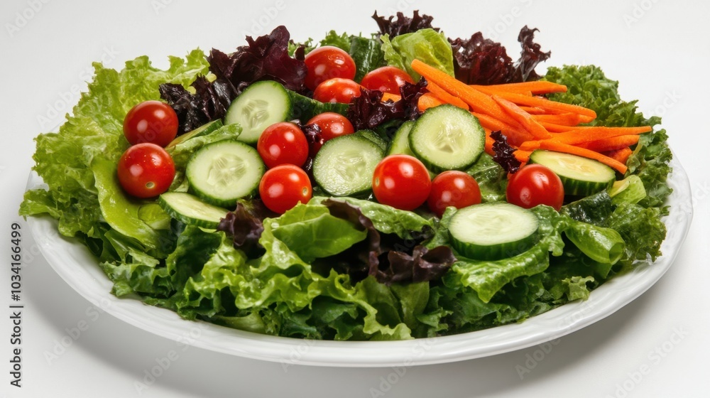 Crisp garden salad filled with fresh mixed greens, cherry tomatoes, cucumbers, and carrots, presented on a clean white plate Crisp garden salad filled with fresh mixed greens, cherry tomatoes, cucumbers, and carrots, presented on a clean white plate
