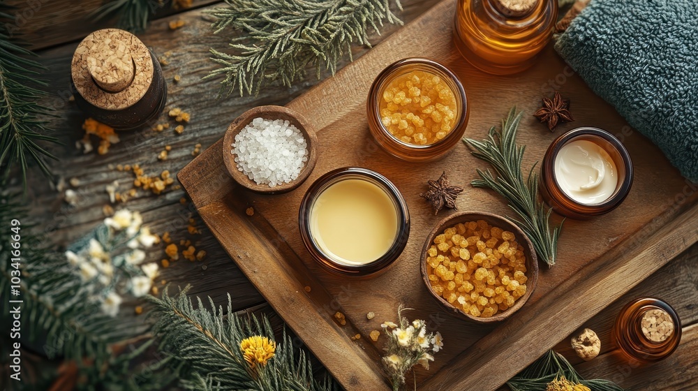 Natural Spa Products on Wooden Tray Natural Spa Products on Wooden Tray