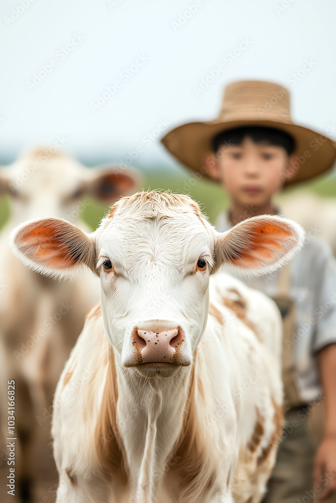 Young boy with cow in farm setting Young boy with cow in farm setting