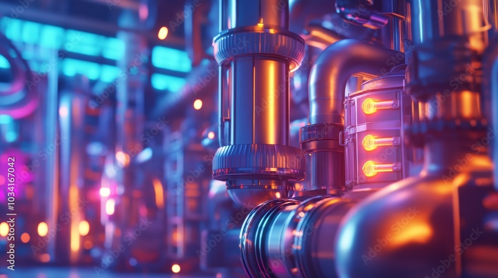 Colorful industrial piping system illuminated in vibrant neon lights Colorful industrial piping system illuminated in vibrant neon lights