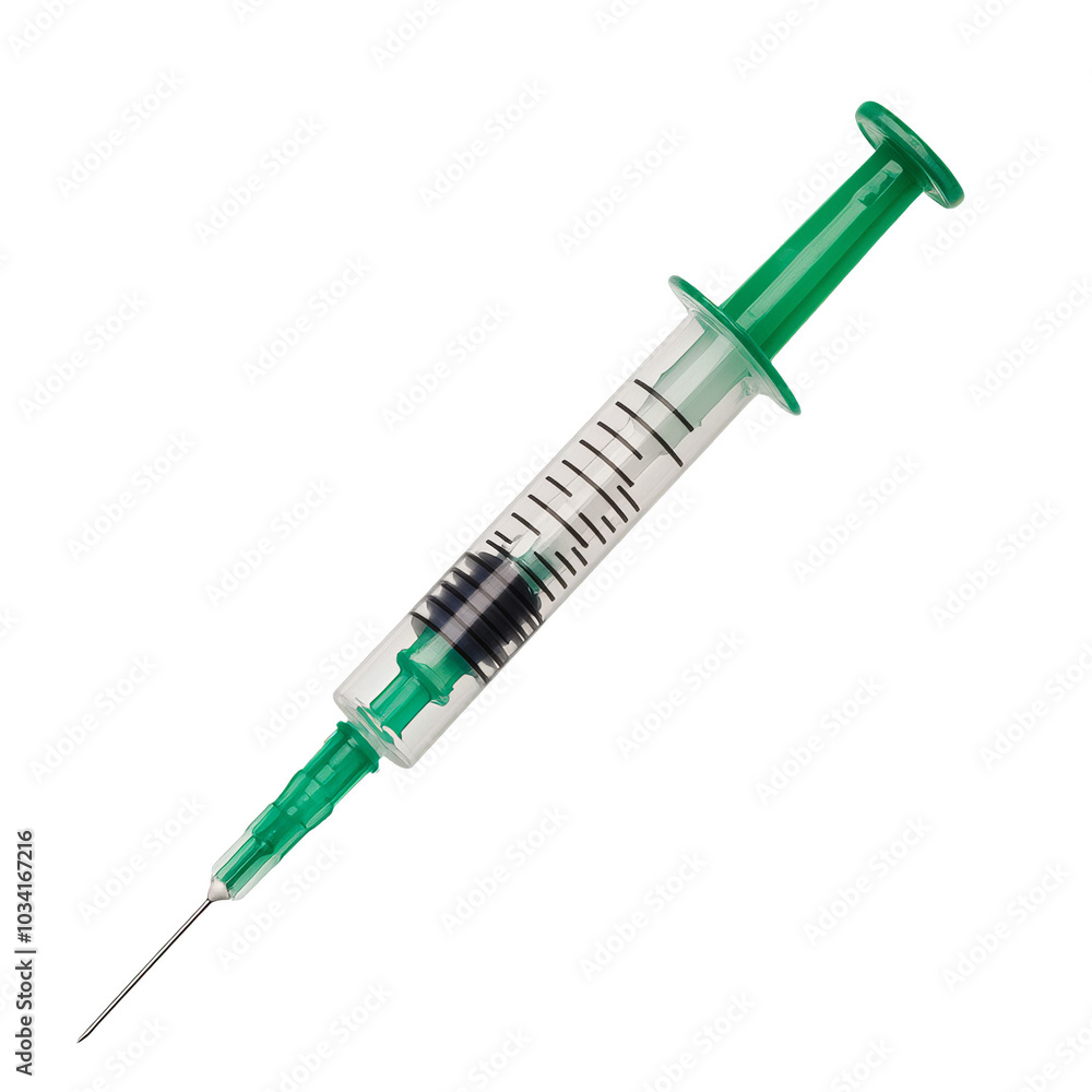 Syringe with green plunger, isolated on white background. Syringe with green plunger, isolated on white background.