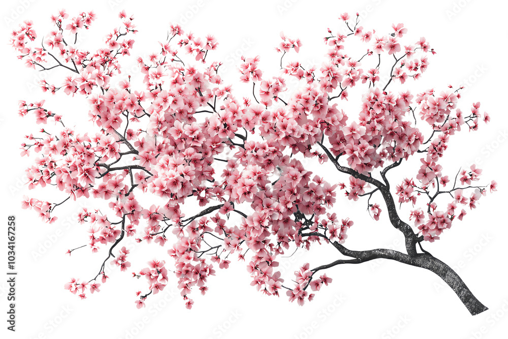 Fototapeta premium Cherry blossom branch with delicate pink flowers on a white isolated background.