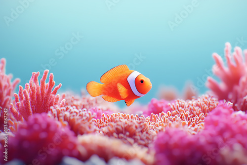 Clownfish swimming among colorful coral. photo