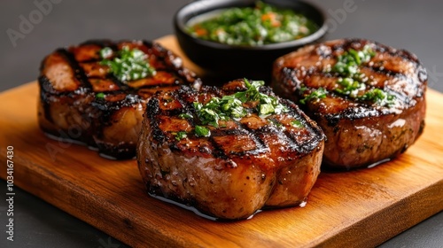 Three perfectly grilled steaks with appetizing char marks, artfully garnished with green herbs, are presented on a wooden platter, accompanied by a small bowl of sauce.