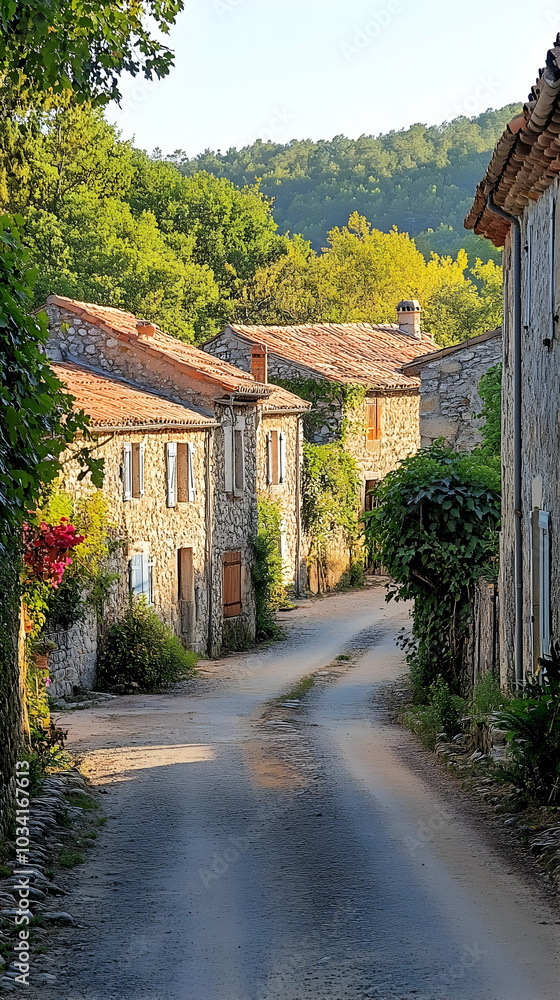 Serene Rural Road Flanked by Historic Stone Houses Under Clear Blue Sky Serene Rural Road Flanked by Historic Stone Houses Under Clear Blue Sky