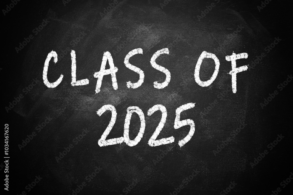 Obraz premium Welcome class of 2025 - chalkboard sign design. An apple and a pencil on either side. A fresh new start of a new school year. Graduation class. Background and poster sign. Chalk writing and drawing.