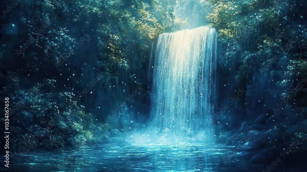 Beautiful waterfall flowing into a serene blue pool surrounded by lush greenery. Beautiful waterfall flowing into a serene blue pool surrounded by lush greenery.
