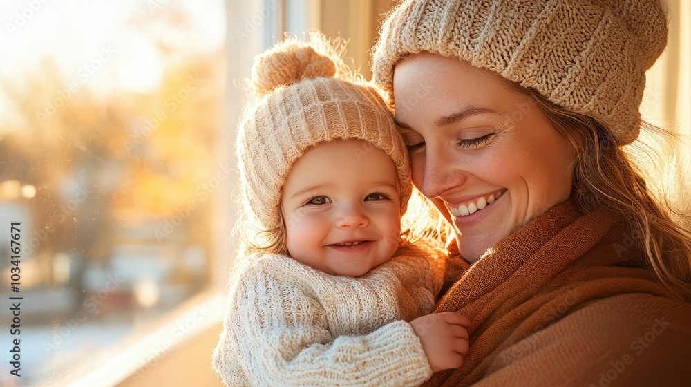 A mother hugs her smiling child by the window, both dressed warmly, basking in the soft glow of the winter sun, creating a portrait of love and tenderness. A mother hugs her smiling child by the window, both dressed warmly, basking in the soft glow of the winter sun, creating a portrait of love and tenderness.