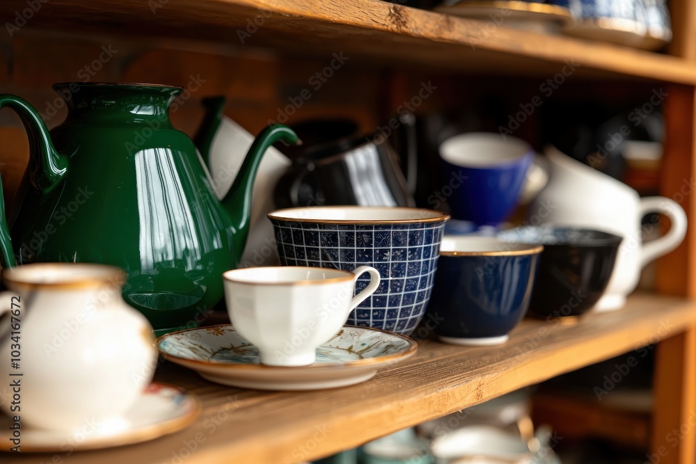 Elegant Collection of Teacups and Teapots Showcasing Unique Designs and Colors on Wooden Shelves Elegant Collection of Teacups and Teapots Showcasing Unique Designs and Colors on Wooden Shelves