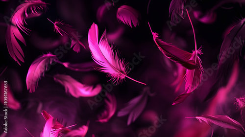 Dynamic and vibrant pink feathers are gracefully swirling in motion against a dark background. Ideal for backgrounds or creative projects that require an abstract and artistic touch