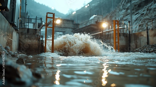 Water crashing through the gates of a dam, symbolizing controlled energy and the harnessing of water s power, dam release, water energy photo