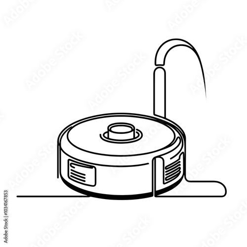 A black and white drawing of a robot vacuum cleaner. The robot is sitting on a floor and has a cord coming out of it
