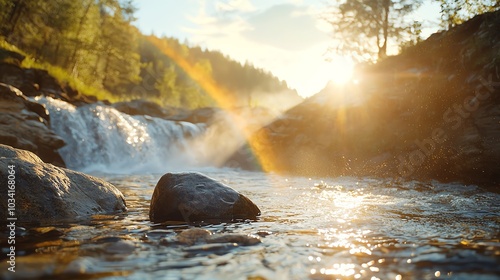 Water falling in sheets over a rocky ledge, catching sunlight and creating rainbows in the mist, waterfall with rainbow, nature s beauty and power photo