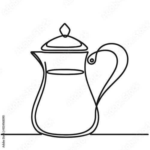 A black and white drawing of a pitcher with a handle and a lid. The pitcher is filled with liquid, and the handle is visible. Concept of simplicity and elegance, as the focus is on the basic form