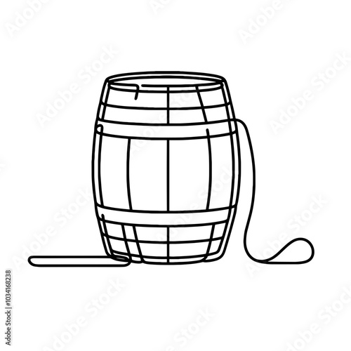A wooden barrel with a rope tied to it. The rope is long and is tied to the barrel in a way that it is not visible. The barrel is likely used for storing or transporting something