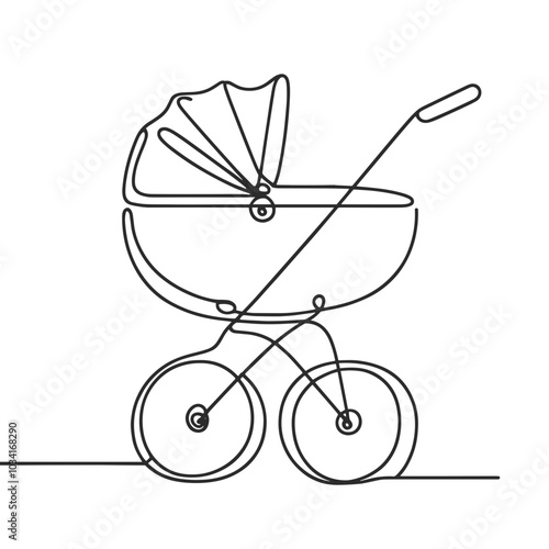 A baby stroller with a handle and a canopy. The stroller is drawn in a simple line drawing style