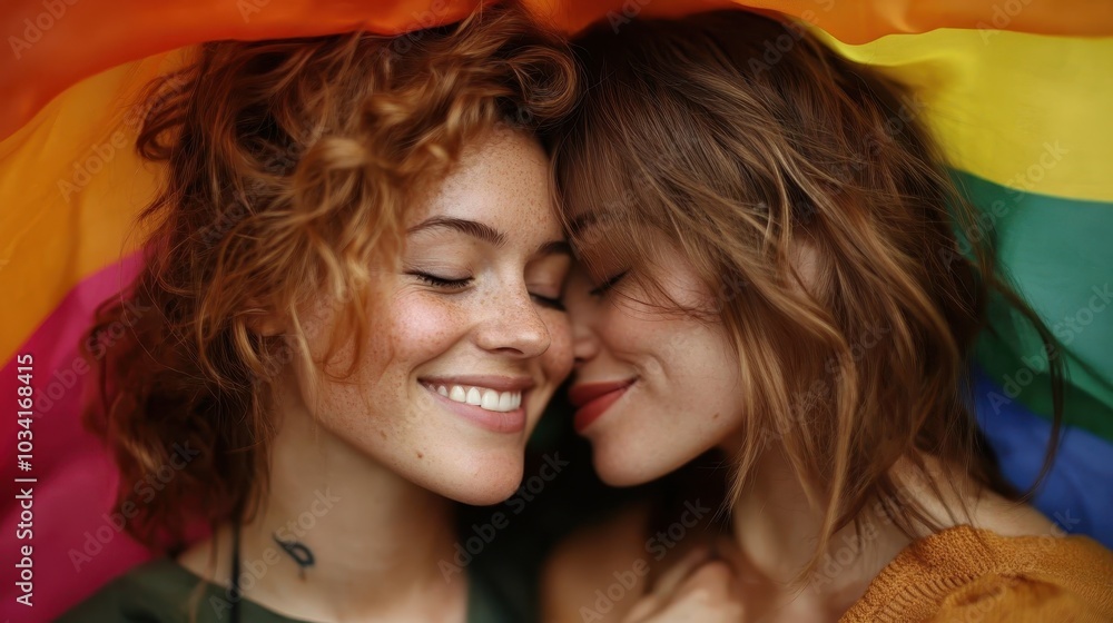 Two women with joyful expressions share an affectionate embrace under a rainbow flag, symbolizing love, acceptance, and unity, captured in a tender moment. Two women with joyful expressions share an affectionate embrace under a rainbow flag, symbolizing love, acceptance, and unity, captured in a tender moment.