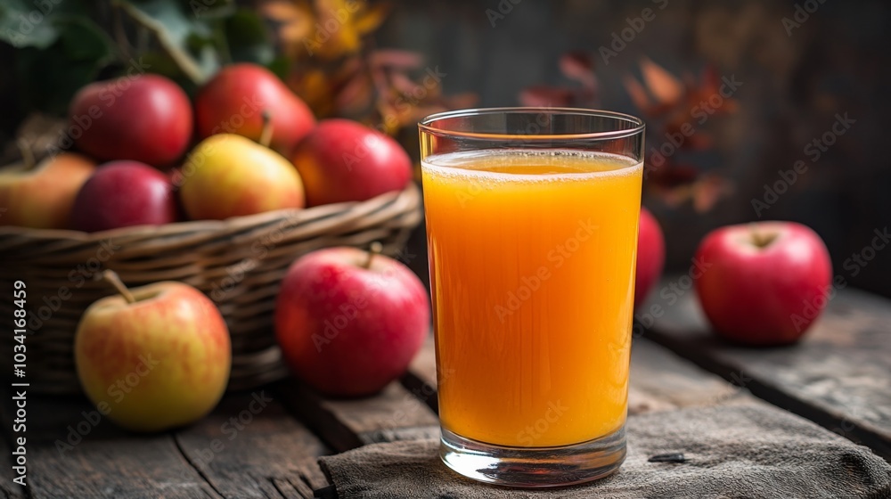 A Refreshing Glass of Apple Juice Surrounded by Ripe Apples in a Cozy Rustic Setting Today A Refreshing Glass of Apple Juice Surrounded by Ripe Apples in a Cozy Rustic Setting Today