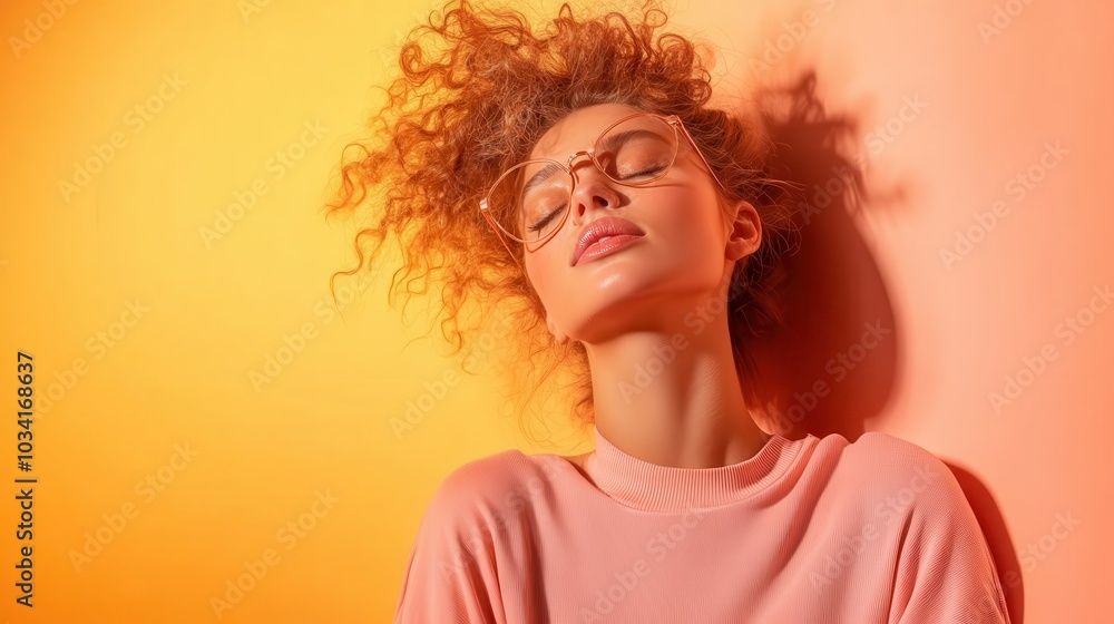 A young woman with curly hair and glasses enjoys warm colorful lighting, wearing a soft pink top, embodying relaxation and modern style.