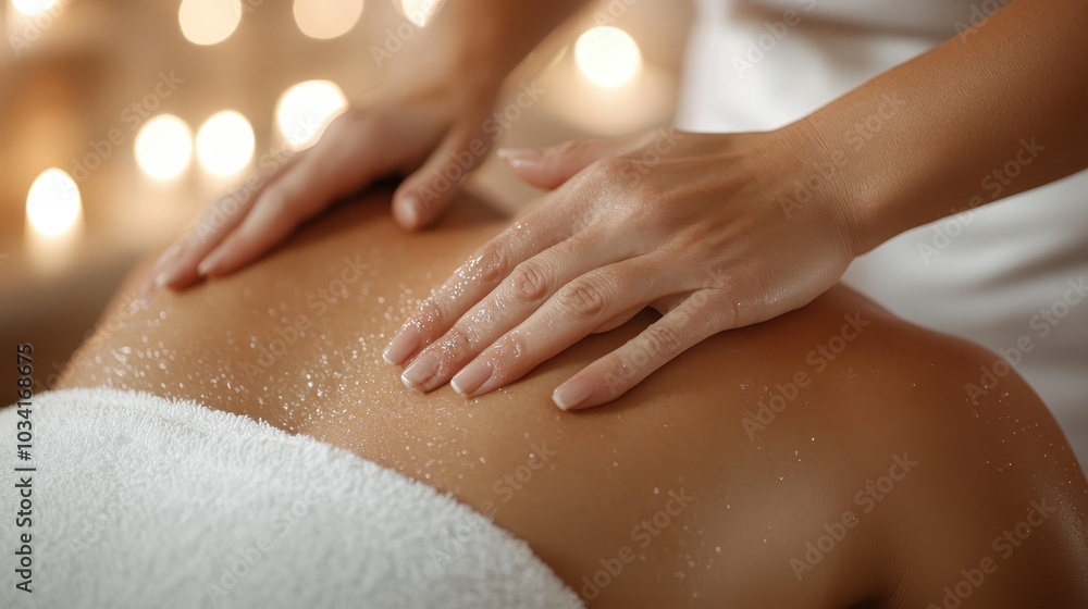 Hands gently massage a person’s back covered in shimmering particles, providing a moment of relaxation and wellness in a calm and soothing environment. Hands gently massage a person’s back covered in shimmering particles, providing a moment of relaxation and wellness in a calm and soothing environment.