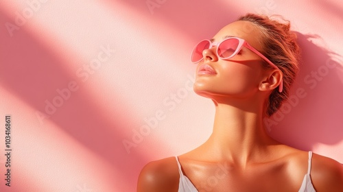 A fashionable woman in pink sunglasses poses against a pink wall, basking in sunlight and exuding confidence and trendy style with an elegant flair.