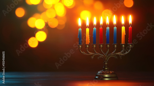 Charming Display of Hanukkah Menorah Illuminated by Candles with Soft Blurred Background