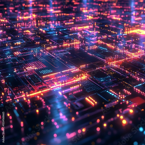 A vibrant digital landscape showcasing interconnected circuits and glowing nodes, representing technology and innovation.