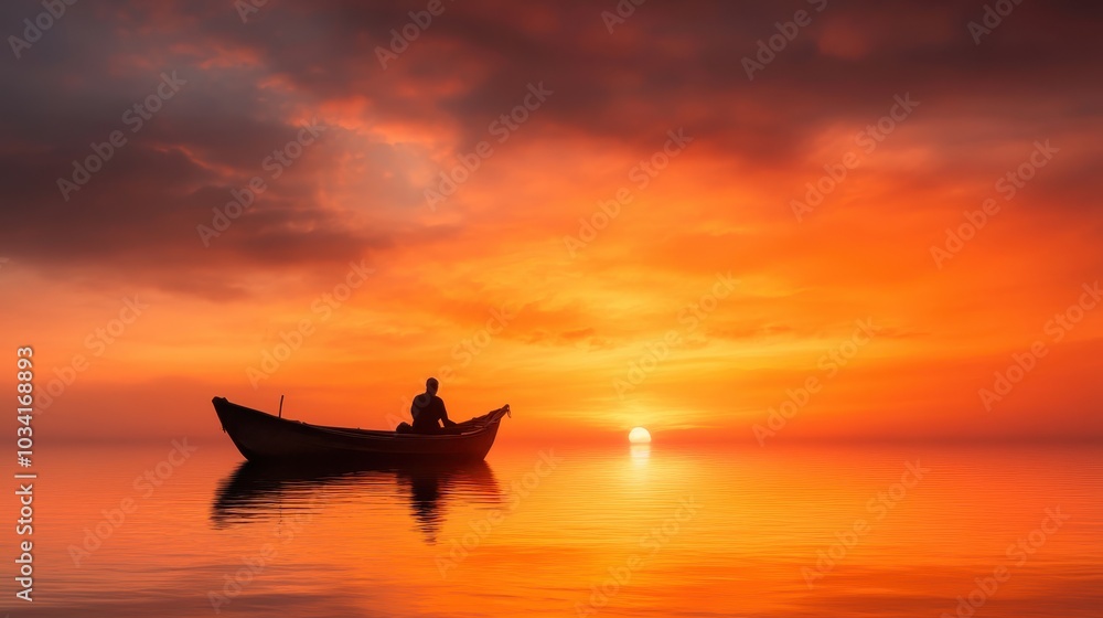 A solitary person meditates in a small boat during sunset, silhouetting against a fiery sky, embodying peace, introspection, and connection with nature's beauty. A solitary person meditates in a small boat during sunset, silhouetting against a fiery sky, embodying peace, introspection, and connection with nature's beauty.