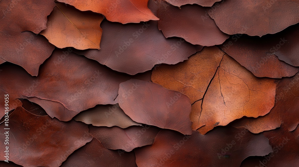 This image displays an artistic arrangement of dry, cracked reddish brown leaves, symbolizing change and the passage of time in a beautifully textured manner. This image displays an artistic arrangement of dry, cracked reddish brown leaves, symbolizing change and the passage of time in a beautifully textured manner.