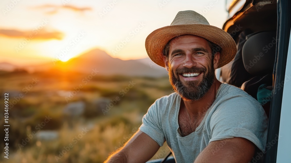 A bearded man with a straw hat and a gray shirt sits happily in a van during a countryside sunset, conveying a relaxed and joyful atmosphere. A bearded man with a straw hat and a gray shirt sits happily in a van during a countryside sunset, conveying a relaxed and joyful atmosphere.