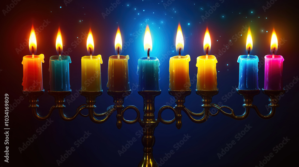 Fototapeta premium Jewish Holiday Scene Featuring Menorah and Illuminated Candles