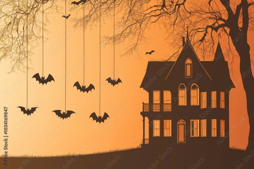 Halloween House: Old haunted house on hill, silhouette with bat decorations hanging from trees. Isolated on orange background. Halloween House: Old haunted house on hill, silhouette with bat decorations hanging from trees. Isolated on orange background.