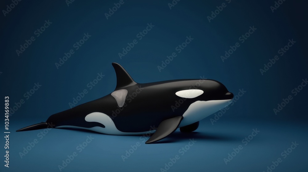 Fototapeta premium An orca whale captured in a minimalist studio setting, showcasing its striking black-and-white markings that sharply contrast against a clean, neutral background.