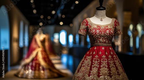 A stunning Indian bridal dress adorned with intricate gold embroidery and red silk fabric, displayed elegantly on a mannequin.