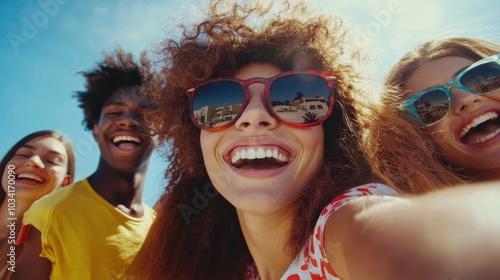 Multicultural cheerful friends taking selfie pic with smart mobile phone device - Youth community people laughing at camera together - Friendship concept with guys and girls having fun outdoors