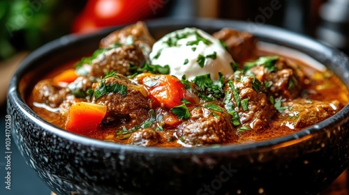 A delicious bowl of savory beef stew garnished with fresh herbs and a dollop of creamy topping, showcasing a delightful mix of flavors and rich culinary artistry. photo